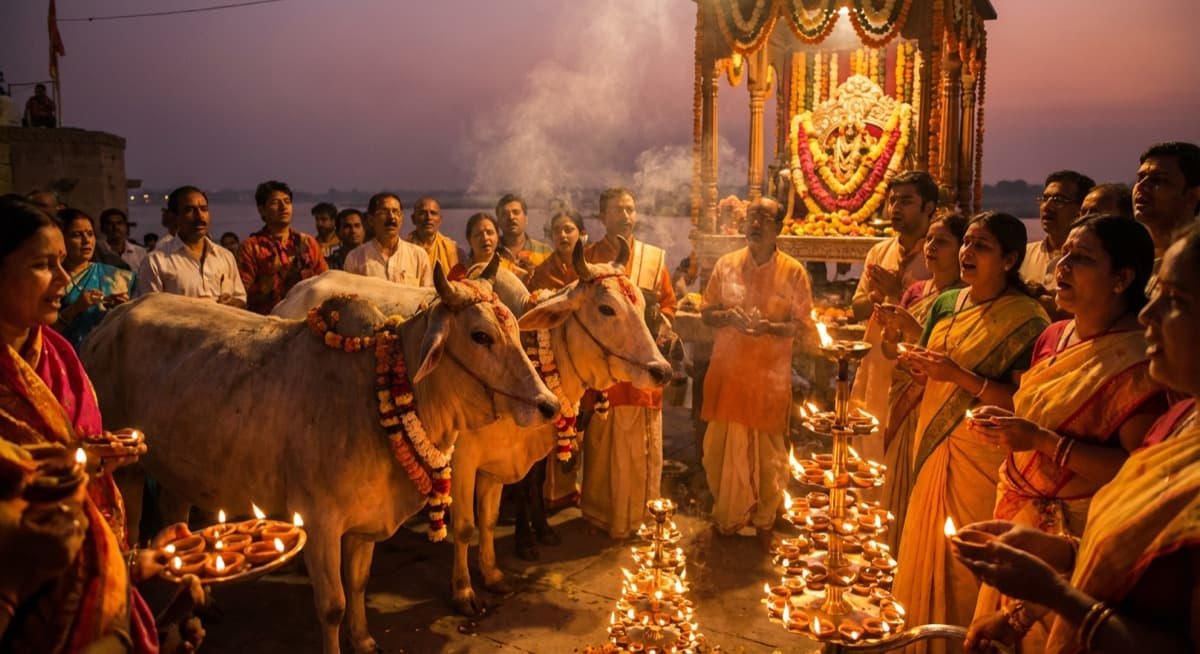 Evening aarti ceremony with sacred cows and devotees holding oil lamps