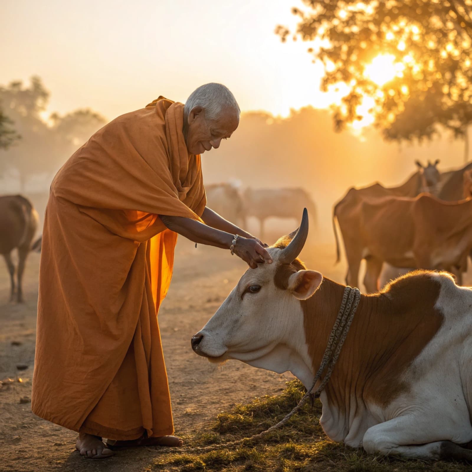 Swamiji blessing a cow