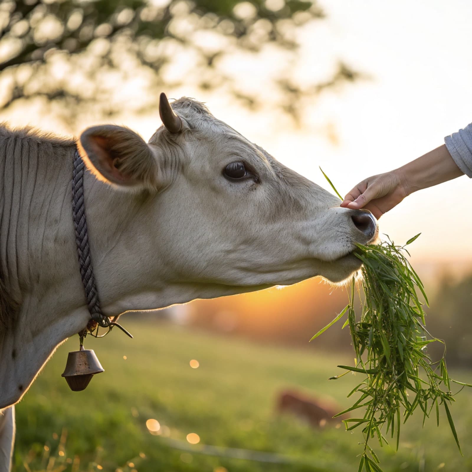 Feeding a cow fresh grass