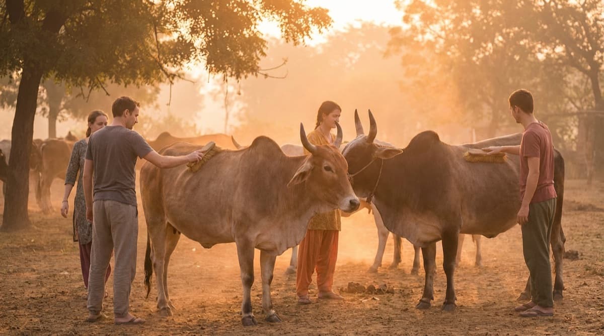 Volunteers caring for cows at the goshala