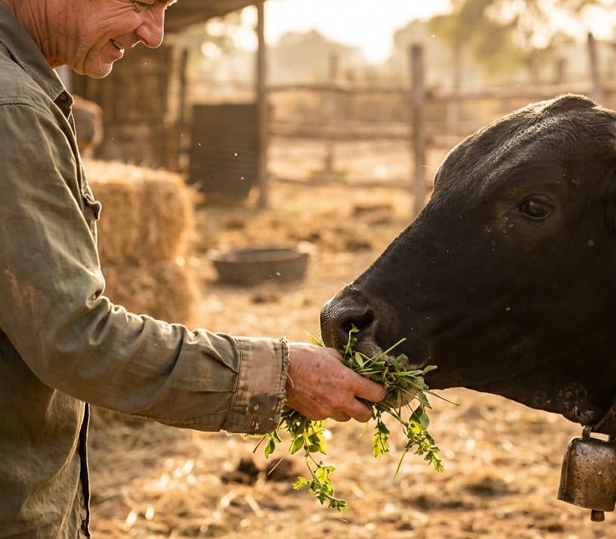 Caretaker hand-feeding fresh green fodder to a cow