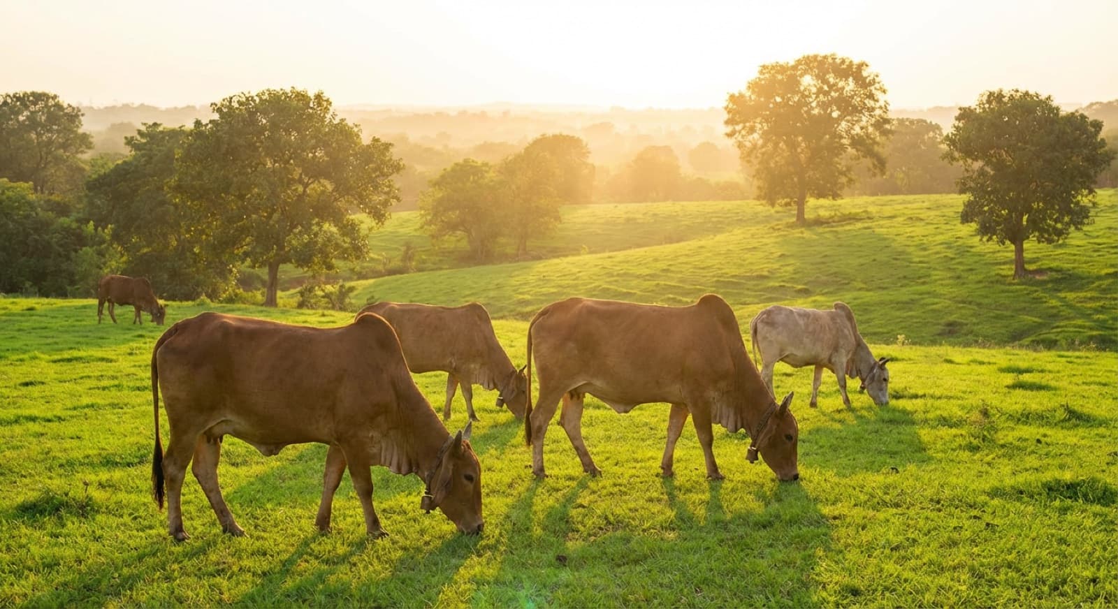A peaceful herd of cows grazing together in a lush green pasture