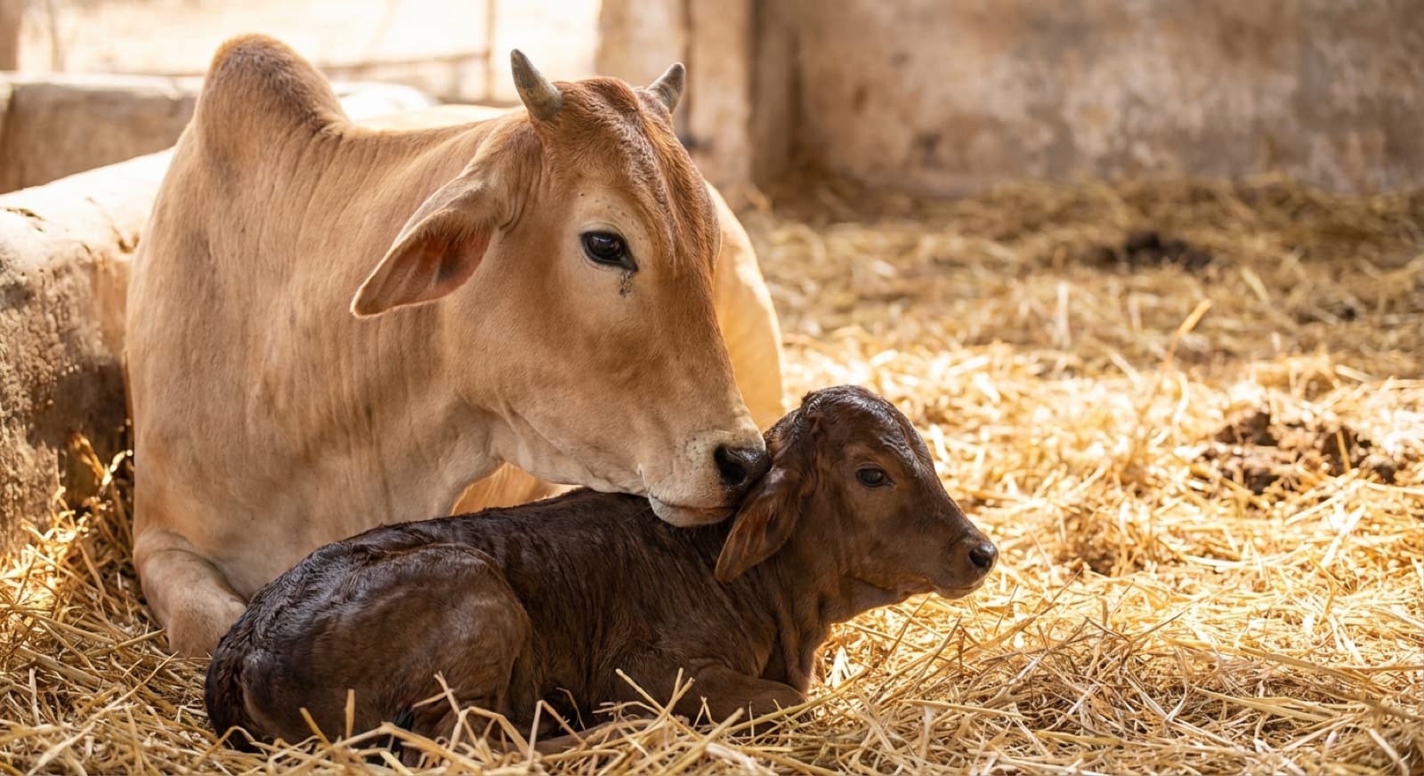 Young calf nursing from its mother cow