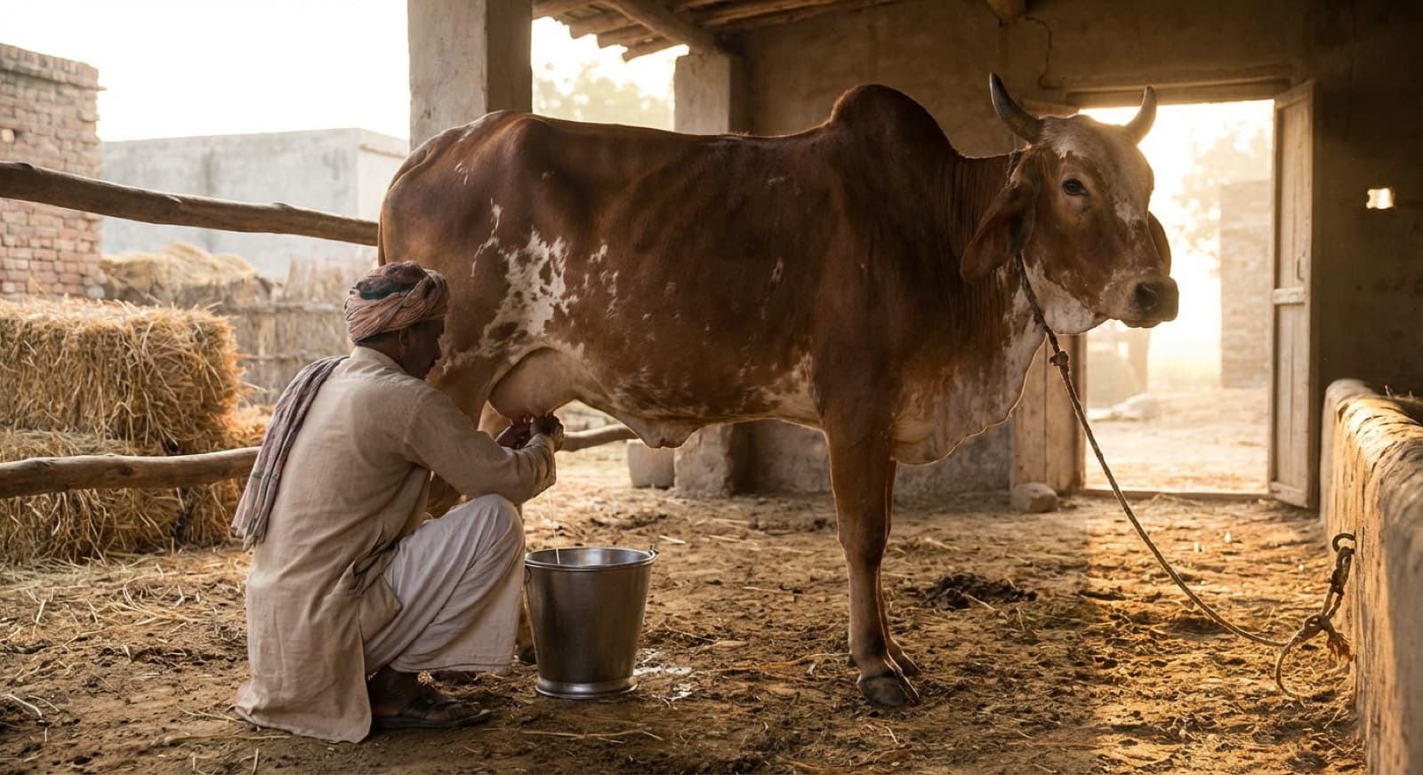 Caretaker milking a cow in the shelter