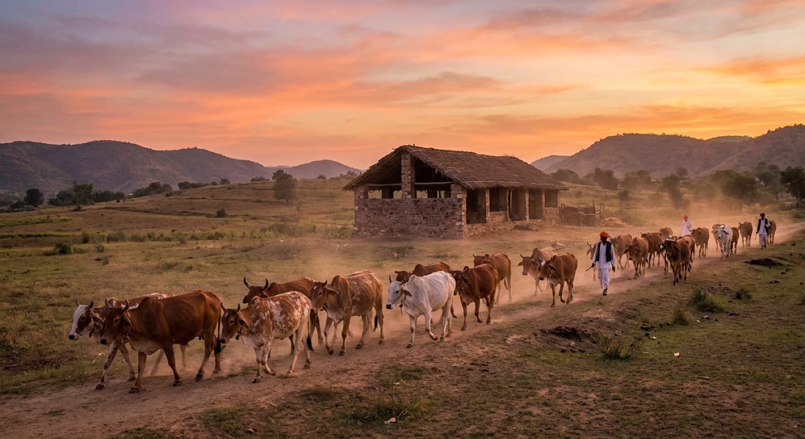 Cows peacefully returning to their shelter at sunset