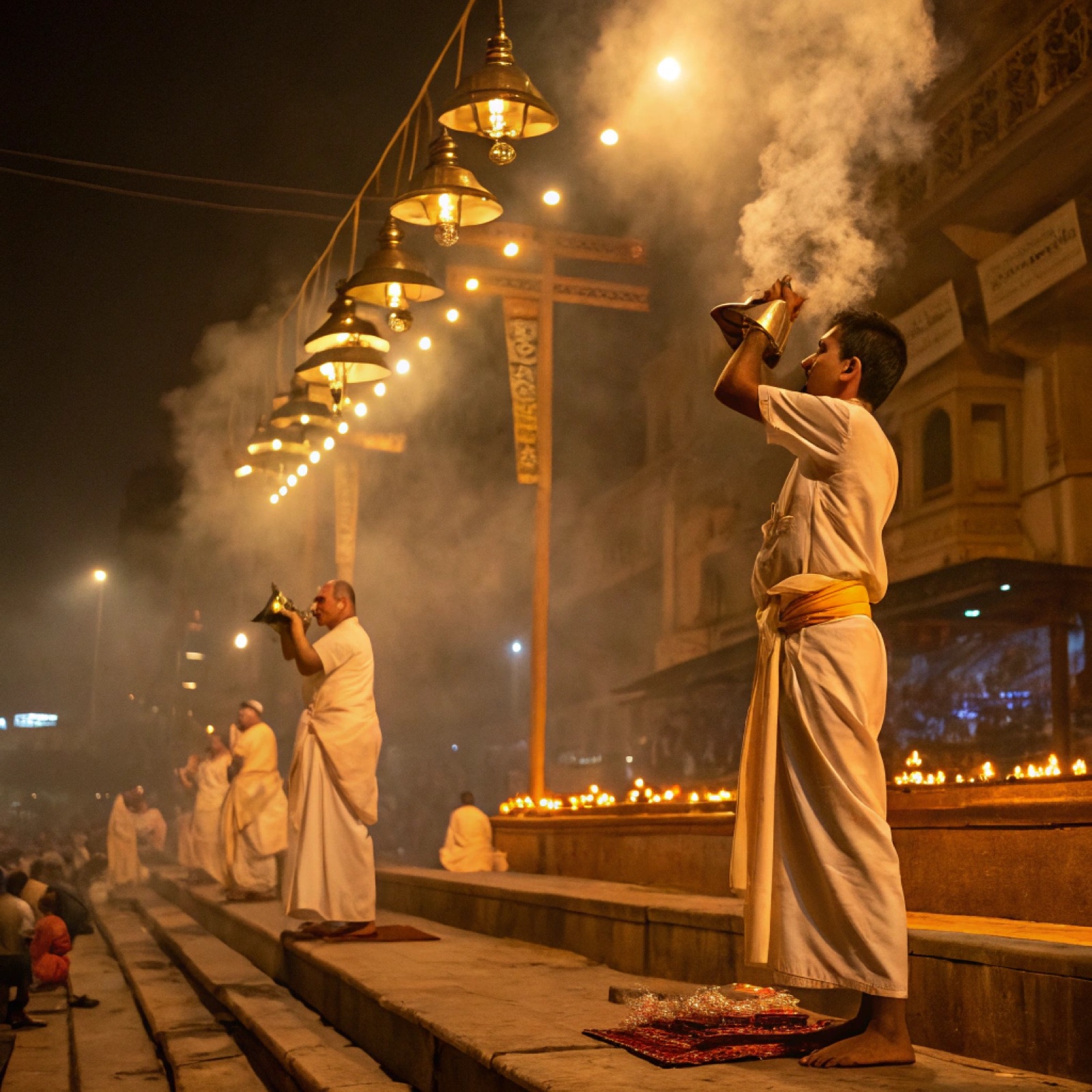 Devotee performing aarti in the temple