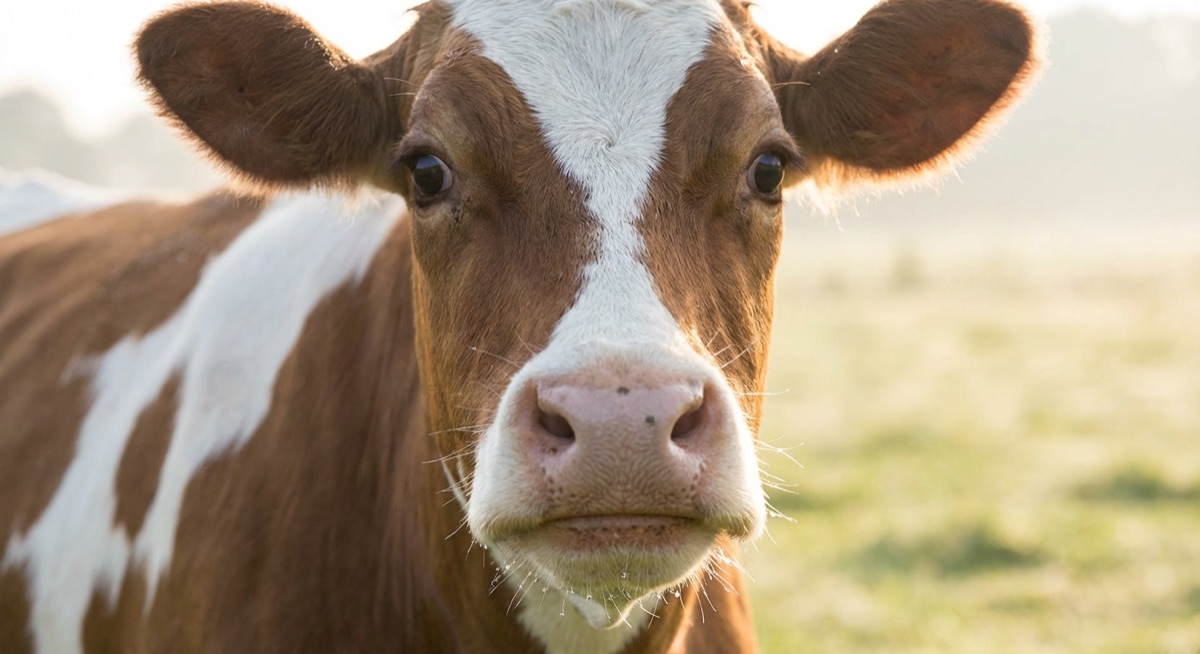 Close-up of a gentle cow's face with peaceful, soulful eyes