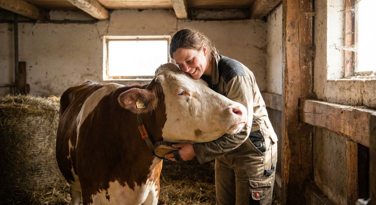 Caretaker gently grooming and brushing a cow