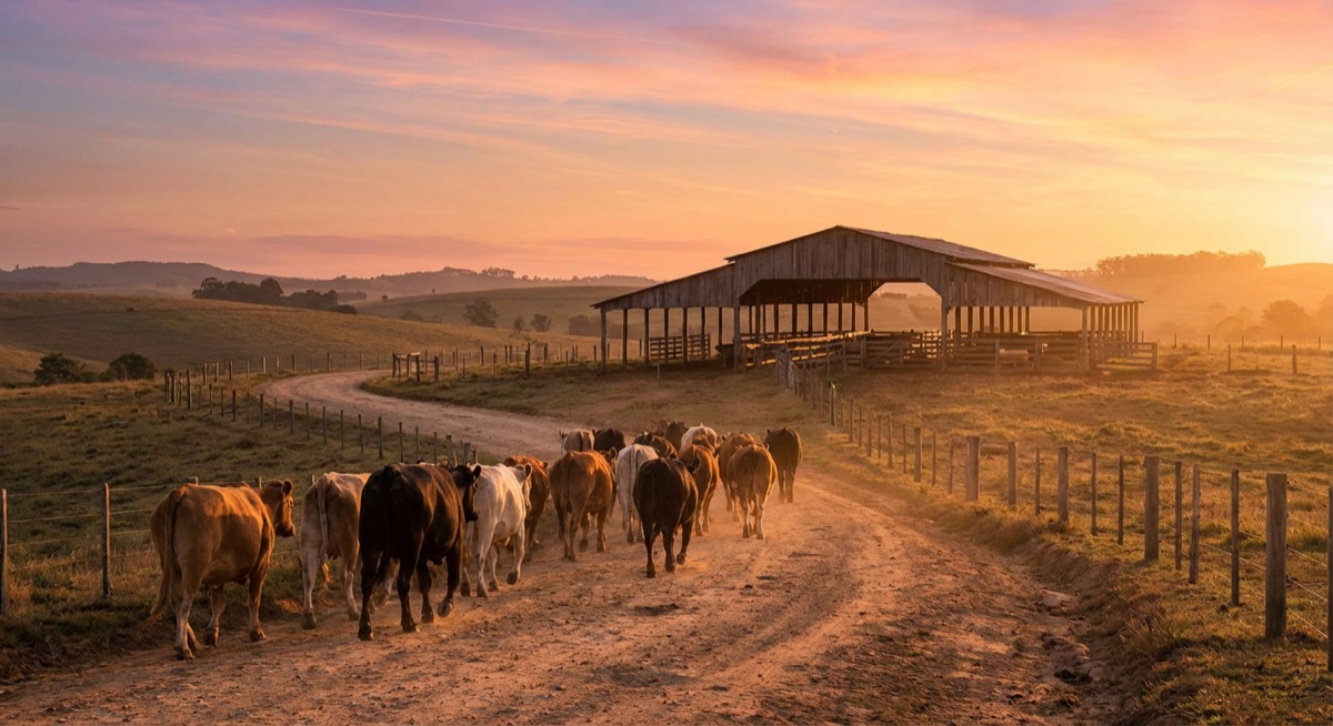 Cows peacefully returning to their shelter during golden hour sunset