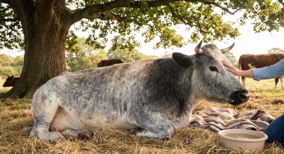 Elderly cow resting comfortably in the shade