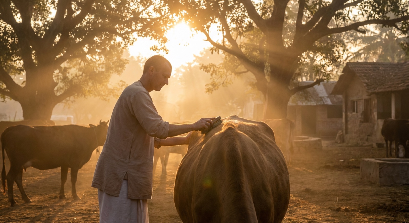Volunteer caring for cows at sunrise