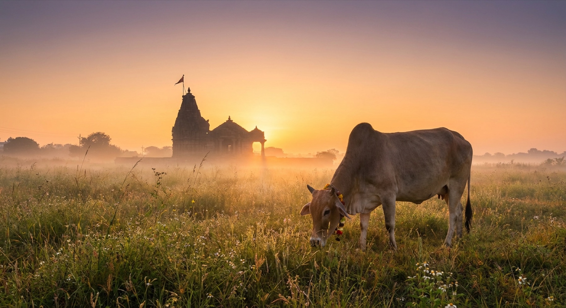 Cow grazing at sunrise in front of a temple