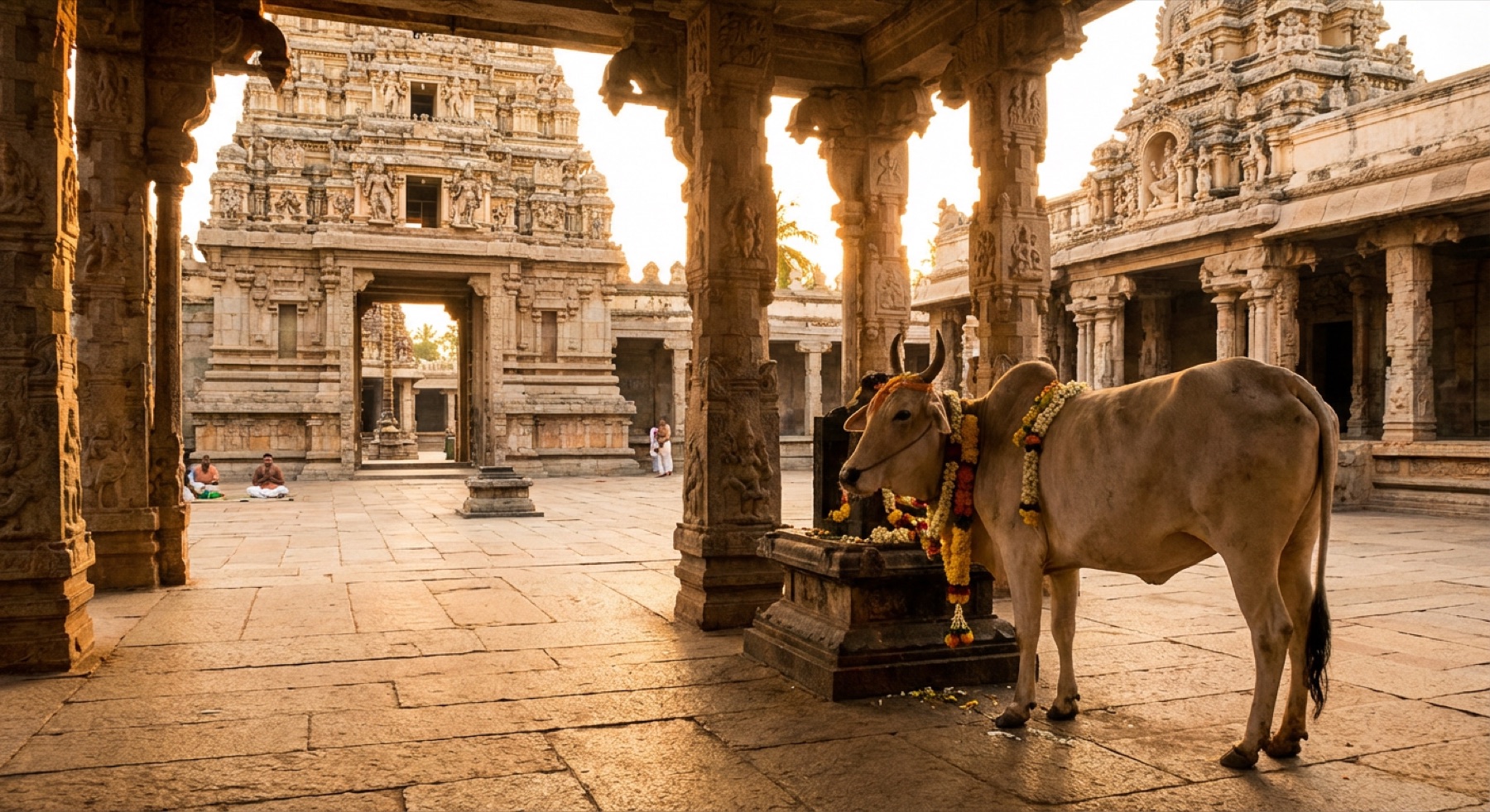 A temple cow standing in front of an ancient stone temple
